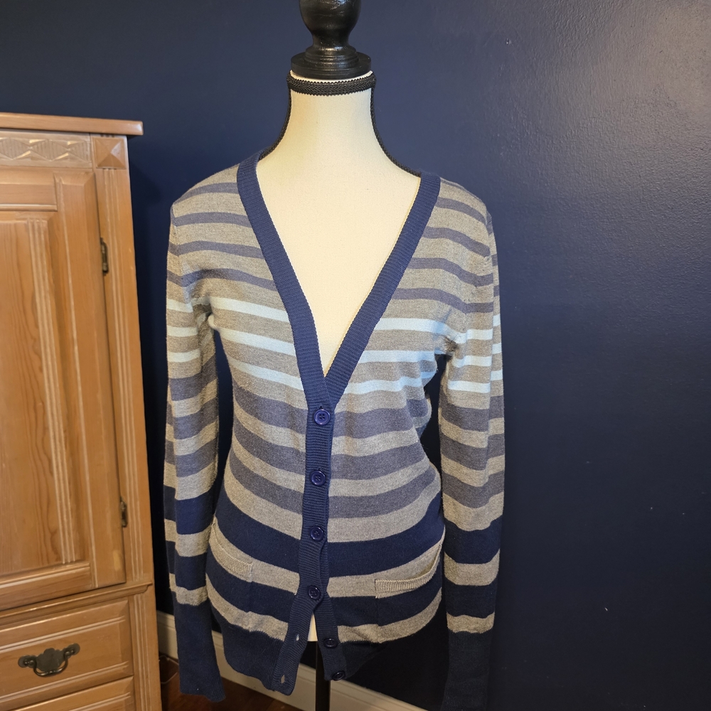 Poof! Blue and Gray Striped Cardigan